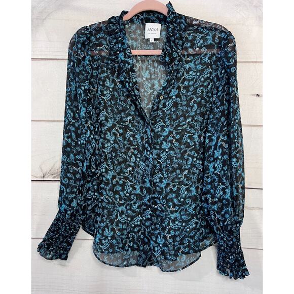 MISA Los Angeles Blouse Size SM Black With Teal Floral Print - Picture 1 of 6